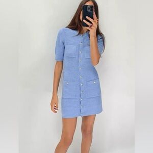 *NEW* Zara SS24 Blue Mini Knit Blue Dress w/gold buttons Sz L